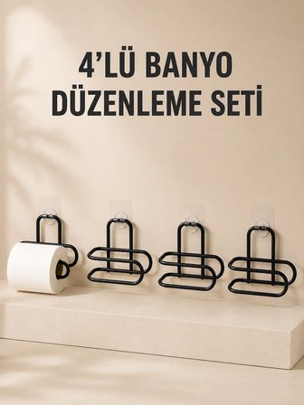 Mey İthalat 4 Adet Yapışkanlı Tuvalet Kağıdı Askısı Siyah Metal Delmeden Duvara Monte WC Kağıtlık