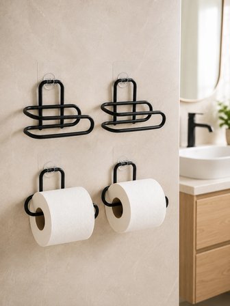 Mey İthalat Duvara Yapışkanlı WC Kağıtlık Siyah Metal 4 Adet Tuvalet Kağıdı Rulo Askısı