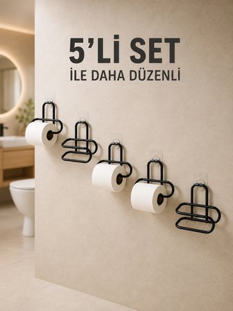 Mey İthalat Yapışkanlı Tuvalet Kağıdı Askısı Siyah Metal Delmeden Montaj WC Kağıtlık 5 Adet