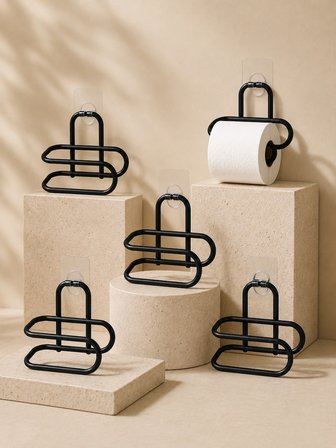 Mey İthalat Siyah Metal Tuvalet Kağıdı Tutucu 5’li Set Yapışkanlı Duvar Tipi Banyo WC Askısı