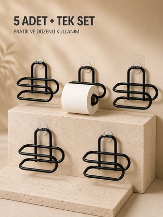 Mey İthalat Delmeden Monte Tuvalet Kağıdı Askısı Siyah Metal Yapışkanlı Banyo Kağıtlığı 5’li Set