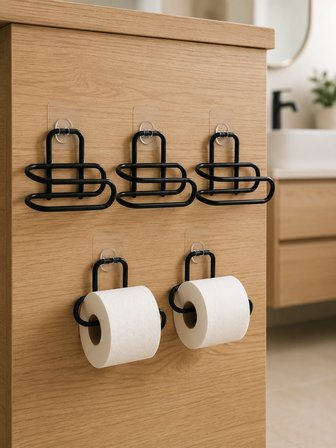 Mey İthalat Delmeden Monte Tuvalet Kağıdı Askısı Siyah Metal Yapışkanlı Banyo Kağıtlığı 5’li Set