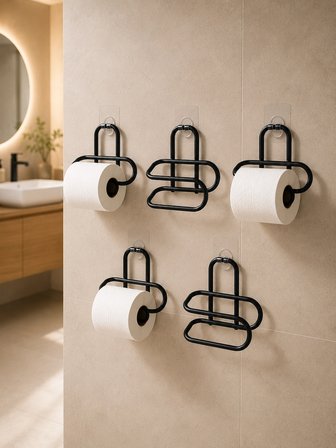 Mey İthalat Delmeden Monte Tuvalet Kağıdı Askısı Siyah Metal Yapışkanlı Banyo Kağıtlığı 5’li Set