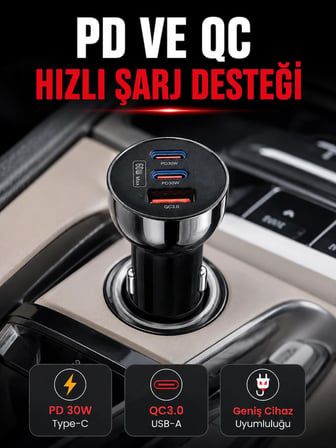 Mey İthalat 3 Portlu Araç İçi Şarj Adaptörü Çift PD Type-C ve QC3.0 USB Çıkışlı
