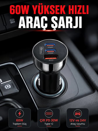 Mey İthalat PD 30W Çift USB-C Araç Şarj Cihazı 60W Hızlı Şarj Adaptörü