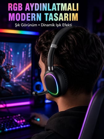 Mey İthalat RGB Işıklı Bluetooth Mikrofonlu Kulaklık Uzun Süreli Kullanım Type-C Şarjlı