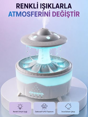 Mey İthalat RGB Işıklı Yağmur Efektli Hava Nemlendirici 350 ML Sessiz Çalışma Uzaktan Kumanda