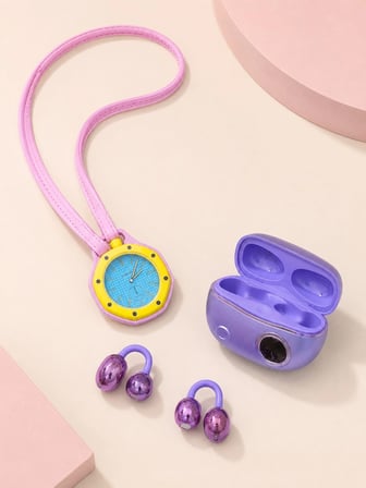 Mey İthalat Şarj Kutulu Kablosuz Kulaklık ve Pembe Çanta Charm Analog Saat Seti Müzik ve Aksesuar Bir Arada