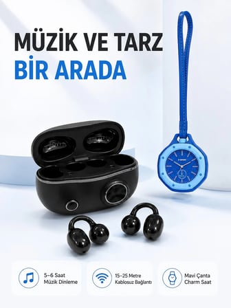 Mey İthalat Şarj Kutulu Kablosuz Kulaklık ve Askılı Mavi Charm Saat Avantajlı İkili Set