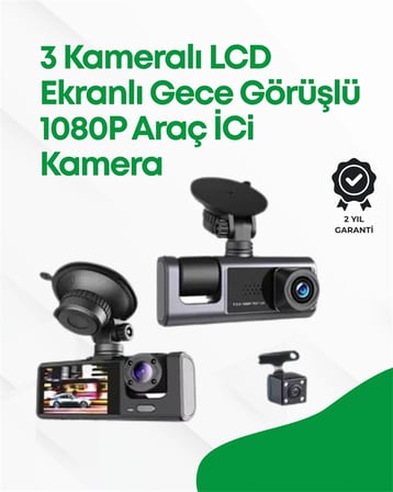 Mey İthalat 2.0” LCD Ekranlı, Döngüsel Kayıt Özellikli Üç Kameralı Oto Kamera