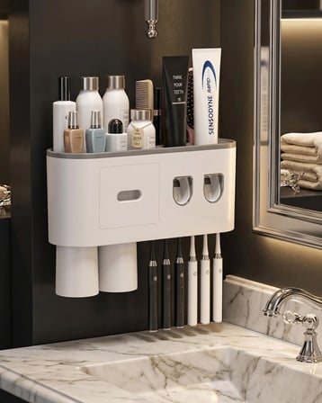 Mey İ̇Thalat Çift Dispenserli Diş Macunu Sıkacağı 6 Fırçalık Bardaklı Banyo Organizer