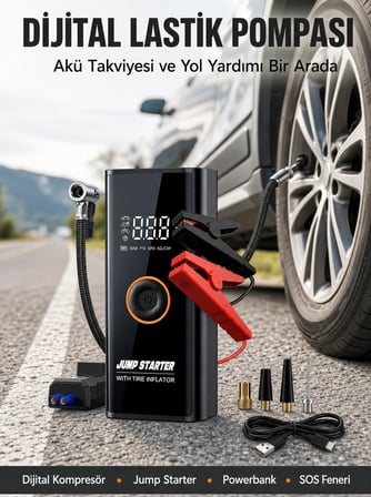 Mey İthalat Çok Fonksiyonlu Araç Yol Yardım Kiti Jump Starter ve Lastik Pompası Yeni Nesil