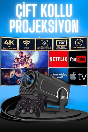 Mey İthalat Projektör Siyah Android Taşınabilir Sinema Projeksiyon Wifi Destekli En Güncel Sürüm Akıllı