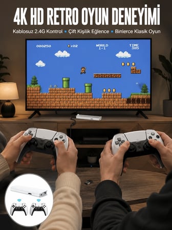 Mey İthalat 3D Çift Oyun Kollu 4K HD Ekran Nostaljik 20.000 Oyunlu Beyaz Game Box Yeni Nesil