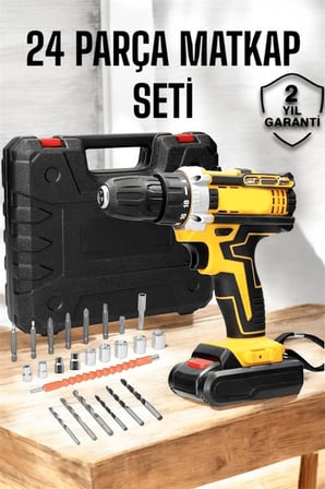 Mey İthalat Çift Bataryalı Metal Dişli Darbeli Şarjlı Matkap Seti 24W Güç ve 24 Parça Aksesuar