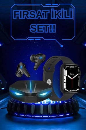 Mey İthalat Yeni Nesil Akıllı Saat ve Kablosuz Kulaklık Kampanyası İkili Set Bluetooth Bağlantılı