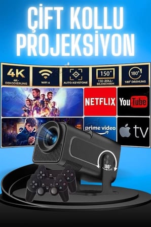 Mey İthalat Projektör Siyah Android Taşınabilir Sinema Projeksiyon Wifi Destekli En Güncel Sürüm Akıllı