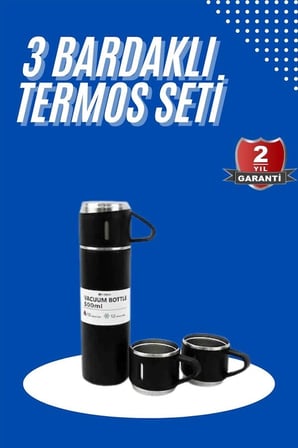 Mey İthalat Termos Seti 3'lü Bardak Seti Isı Dayanıklı Siyah Paslanmaz Çelik Vakumlu