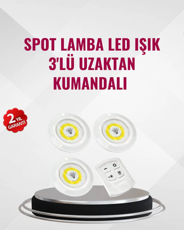 Mey İthalat 3 Lü Pilli Kablosuz Led Spot Lamba Seti Kumandalı Kolay Montaj Aydınlatma