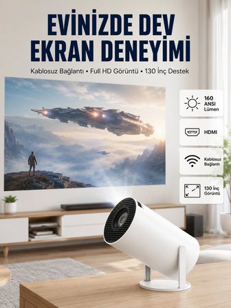 Mey İthalat 4K Uyumlu 130 İnç Full HD Projeksiyon Cihazı ve Kablosuz Aktarım Özelliği