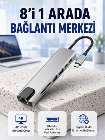 Mey İthalat Seyahat Dostu 8‑in‑1 Hub – Şarj & Veri & Video & Ağ için Eksiksiz Çözüm (Kopya)