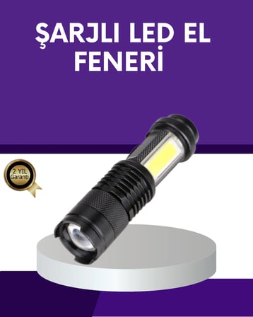 Mey İthalat Şarjlı Mini LED El Feneri 2000 Lümen Su Geçirmez