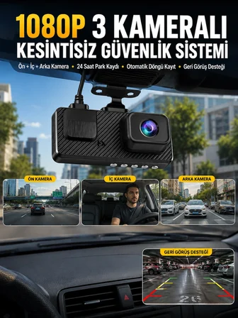 Mey İthalat 3 Kameralı Araç İçi DVR Kayıt Cihazı  Ön İç Arka Kamera Full HD