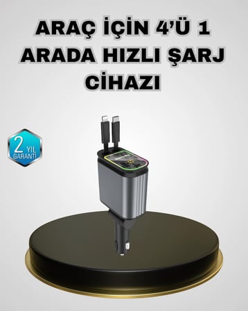 Mey İthalat Araç Şarj Adaptörü 66W PD QC Hızlı Şarjlı ve Çekilebilir Kablolu