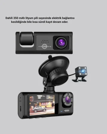 Mey İthalat Üç Kameralı Araç İçi Kayıt Sistemi Full HD Gece Görüşlü ve G-Sensör Destekli
