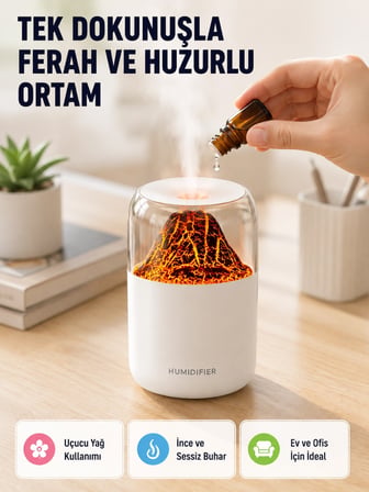 Mey İthalat Ultrasonik Alev Efektli Aromaterapi Difüzörü USB Şarjlı ve Otomatik Kapanma Özellikli