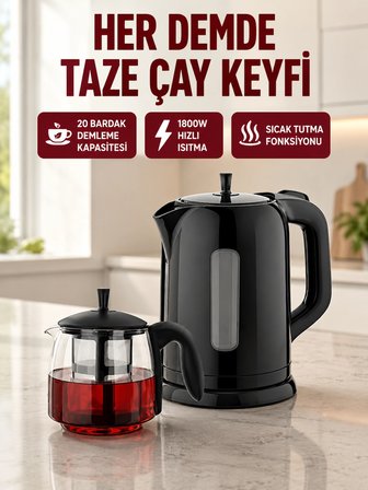 Mey İthalat Çaycı Cam Demlikli 1800W Güçlü ve Sıcak Tutmalı Elektrikli Çay Makinesi