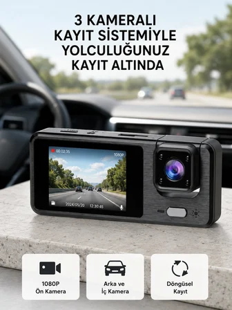 Mey İthalat Park Modlu 3 Kameralı Araç Kayıt Cihazı 1080P Ön Kamera 2’’ Ekran