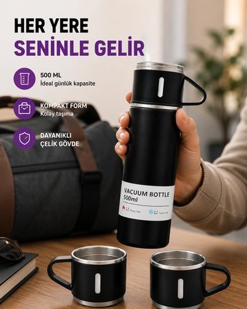 Mey İthalat Çelik Termos Bardak Seti | 500 ml Kapasite, Kaymaz Taban, Hediye Kutulu