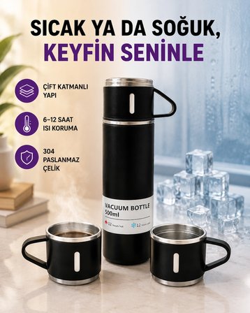 Mey İthalat Paslanmaz Çelik Termos Seti | 500 ml Kapasite, 6-12 Saat Isı Koruma, Hediye Kutulu