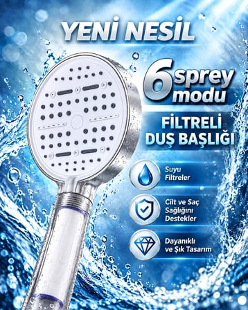 Mey İthalat Büyük Panelli 6 Farklı Su Modlu Filtreli Duş Başlığı Beyaz Tasarım
