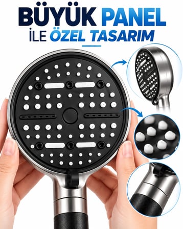 Mey İthalat Büyük Panelli 6 Farklı Su Modlu Filtreli Duş Başlığı Siyah Metalik Tasarım