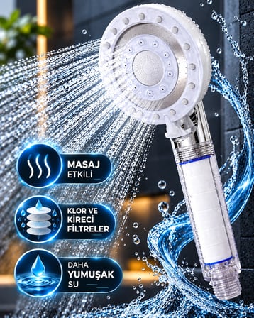 Mey İthalat Filtreli Duş Başlığı 5 Fonksiyonlu Masaj Etkili Klor ve Kireç Filtreli Beyaz Duş Başlığı