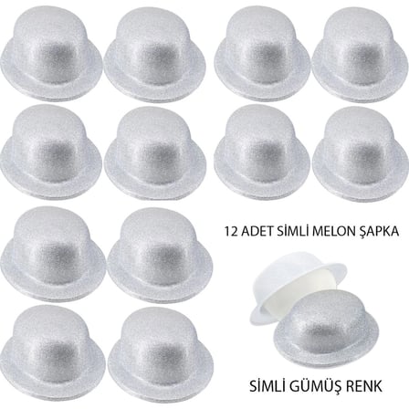 Mey İthalat Gümüş Renk Simli Melon Yuvarlak Parti Şapkası 12 Adet
