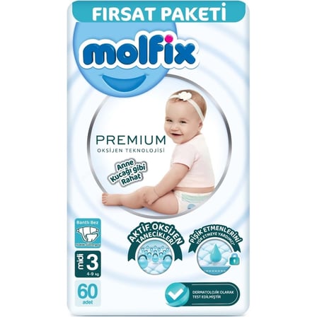 Mey İthalat   Premium Bebek Bezi Fırsat Paketi 3 Beden 4-9 Kg 60 Adet