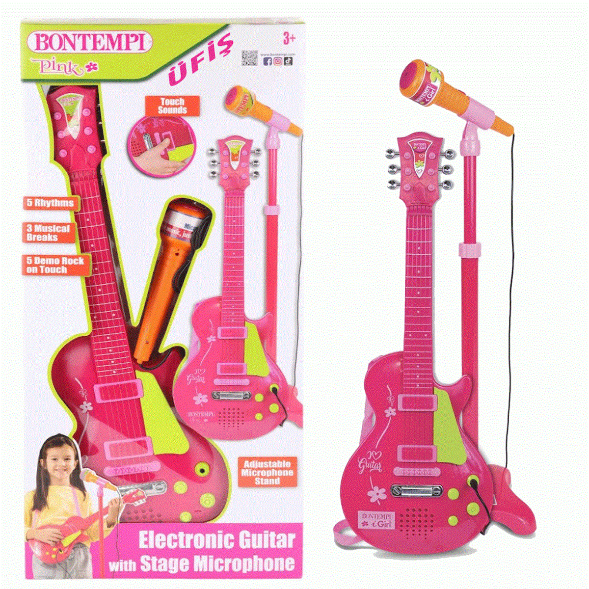 Mey İthalat  Elektronik Ayaklı Mikrofonlu Pembe Gitar