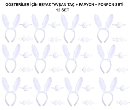 Mey İthalat Beyaz Tavşan Kostüm Seti – Taç, Papyon, Kuyruk (12’li Paket)