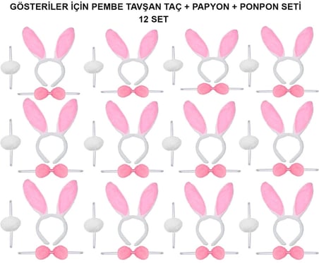Mey İthalat Pembe Tavşan Kostüm Seti – Taç, Papyon, Ponpon (12’li Paket)