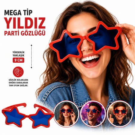 Mey İthalat Mega Tip Yıldız Parti Gözlüğü Kırmızı Renk