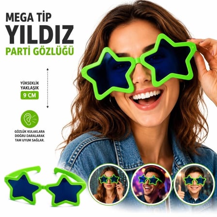 Mey İthalat Mega Tip Yıldız Parti Gözlüğü Yeşil Renk