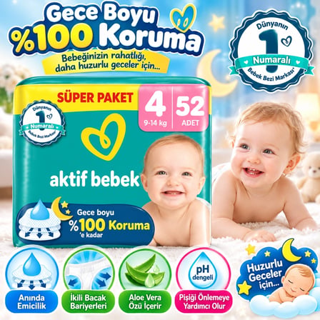 Mey İthalat Aktif Bebek Süper Paket Bebek Bezi 4 Beden 52 Adet