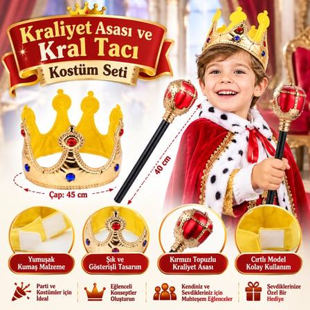 Mey İthalat Çocuk Boy Altın Renk Kumaş Kral Tacı ve Kırmızı Topuzlu Kraliyet Asası