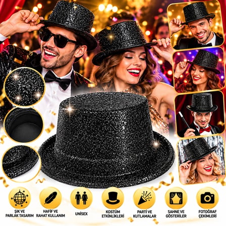 Mey İthalat Siyah Simli Glitter Silindir Parti Şapkası