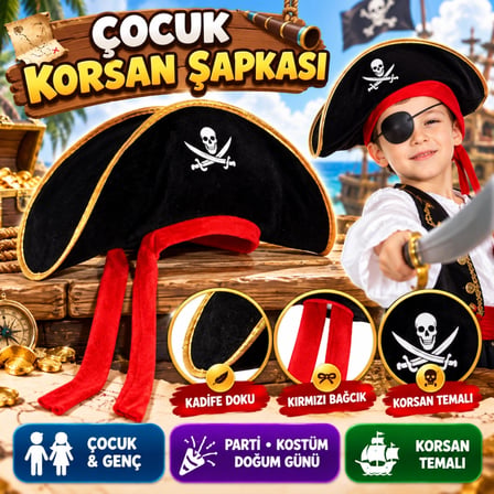 Mey İthalat Çocuk Boy Kadife Jack Sparrow Denizci Kaptan Jack Korsan Şapkası 45x16 cm