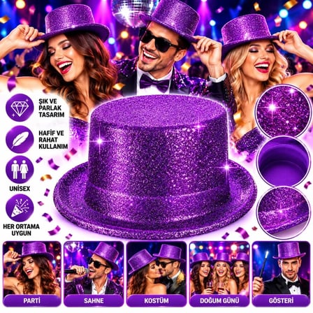 Mey İthalat Mor Simli Glitter Silindir Parti Şapkası