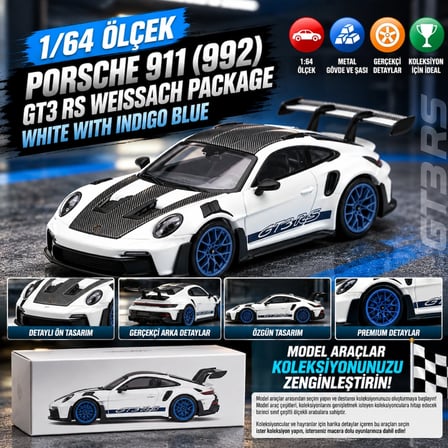 Mey İthalat 1/64 Porsche 911 (992) GT3 RS Weissach Package White with Indigo Blue